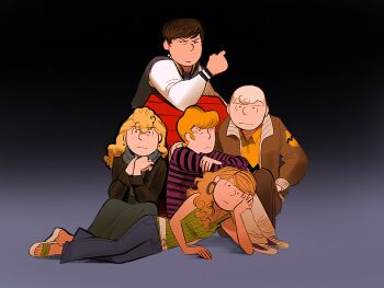 2girls 3boys aged_up blonde_hair brother_and_sister brown_hair charlie_brown dog_sees_god dubu274611 earrings freckles highres jewelry long_hair long_skirt multiple_boys multiple_girls peanuts_(comic) peppermint_patty pig-pen purple_shirt sally_brown scarf schroeder_(peanuts) shirt short_hair siblings sitting skirt striped_clothes striped_shirt the_breakfast_club yellow_shirt