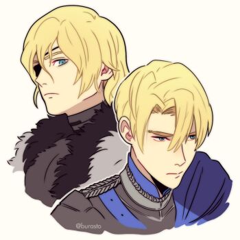 Rule 34 | 1boy, age progression, artist name, black cloak, blonde hair, blue cloak, blue eyes, blue jacket, burasto, cloak, closed mouth, commentary, dimitri alexandre blaiddyd, dimitri alexandre blaiddyd (timeskip), dimitri alexandre blaiddyd (young), english commentary, eyepatch, fire emblem, fire emblem: three houses, fur cloak, hair between eyes, jacket, male focus, multiple views, nintendo, parted bangs, upper body