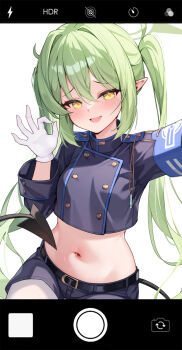 1girl armband belt black_belt black_tail blue_archive blue_armband blue_shorts blush buttons crop_top demon_tail double-breasted fake_phone_screenshot fake_screenshot fang fellatio_gesture gloves green_hair green_halo hair_between_eyes halo highres long_hair long_sleeves looking_at_viewer navel nozomi_(blue_archive) open_mouth oral_invitation outstretched_arm pantyhose pinki_o64 pointy_ears reaching reaching_towards_viewer selfie sexually_suggestive shorts sitting skin_fang smile solo tail train_conductor twintails viewfinder white_gloves white_pantyhose yellow_eyes