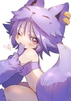 1girl animal_ears bandam bandeau blush cat_o&#039;_nine_tails_(ragnarok_online) commentary_request earrings fox_ears fox_girl fox_tail highres jewelry looking_at_viewer looking_to_the_side one_eye_closed open_mouth purple_bandeau purple_hair ragnarok_online ragnarok_origin red_eyes short_hair simple_background sitting solo tail upper_body white_background