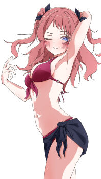 1girl absurdres arm_up armpits bikini blue_eyes blue_sarong blush breasts closed_mouth commentary gakuen_idolmaster hanami_saki highres idolmaster long_hair looking_at_viewer medium_breasts navel pink_hair presenting_armpit purple_bikini sarong simple_background solo stomach swimsuit two_side_up urishima white_background