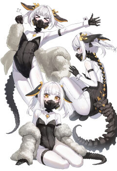 >_< 1girl absurdres android animal_ears ass blue_archive closed_eyes coat commentary ein_(blue_archive) extra_pupils fake_animal_ears flying_sweatdrops fur_coat hair_tie highres kokukyukeo long_hair mask mouth_mask off_shoulder playboy_bunny rabbit_ears short_hair simple_background sitting solo symbol-shaped_pupils tail thigh_strap thighs twintails white_hair wrist_cuffs x-shaped_pupils