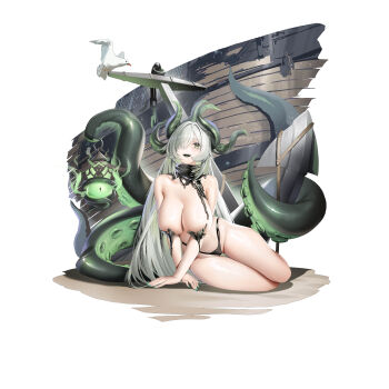 1girl absurdres anchor arm_support azur_lane bare_arms bare_legs bare_shoulders bikini bikini_bottom_only bird black_bikini blush breasts chinese_commentary cleavage colored_tongue commentary_request green_eyes green_hair green_nails green_tongue hair_over_one_eye highleg highleg_bikini highres large_breasts liquid_clothes long_hair looking_at_viewer nail_polish najiu_jiao_xiaolan_ba official_alternate_costume open_mouth royal_james_(azur_lane) royal_james_(the_forbidden_slurp)_(azur_lane) sharp_teeth ship simple_background sitting sleeveless slime_(substance) slime_censor solo swimsuit teeth tentacles thigh_gap thigh_strap tongue upper_teeth_only watercraft white_background yokozuwari