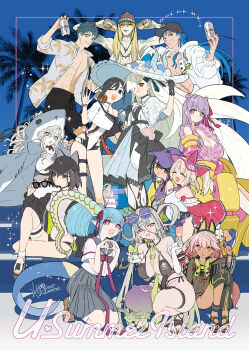 3boys 6+girls animal_costume baseball_cap beer_can bikini black_hair blonde_hair blue_hair breasts can chloe_von_einzbern chloe_von_einzbern_(swimsuit_avenger)_(second_ascension) cu_chulainn_(caster)_(fate) cu_chulainn_(fate) cu_chulainn_(tropical_rune_summer)_(fate) dark-skinned_female dark_skin double_bun dress drink_can earrings fate/grand_order fate_(series) finger_heart flower grey_hair hair_bun hair_flower hair_ornament hair_over_one_eye hair_rings hat hat_flower hawaiian_shirt heart heart_hands highres horns hug hug_from_behind huge_breasts huyan_zhuo_(fate) huyan_zhuo_(swimsuit_berserker)_(fate) illyasviel_von_einzbern illyasviel_von_einzbern_(swimsuit_archer) illyasviel_von_einzbern_(swimsuit_archer)_(second_ascension) jeunesse_crane_(fate) jeunesse_crane_(first_ascension)_(fate) jewelry kriemhild_(fate) kriemhild_(swimsuit_rider)_(fate) kriemhild_(swimsuit_rider)_(second_ascension)_(fate) large_breasts larva_tiamat_(fate) larva_tiamat_(swimsuit_archer)_(second_ascension)_(fate) miss_crane_(fate) miyu_edelfelt miyu_edelfelt_(swimsuit_lancer)_(second_ascension) multiple_boys multiple_girls olga_marie_animusphere one-piece_swimsuit one_eye_closed open_clothes open_shirt palm_tree passionlip_(fate) passionlip_(swimsuit_saber)_(first_ascension)_(fate) pink_hair purple_hair ryougi_shiki ryougi_shiki_(swimsuit_mooncancer)_(first_ascension) saitou_hajime_(fate) saitou_hajime_(the_grinning_man_of_the_beach)_(fate) sandals school_uniform shark_costume shirt signature sitting smile squatting sun_hat sunglasses swimsuit symbol-shaped_pupils tail tezcatlipoca_(fate) tezcatlipoca_(summer_break)_(fate) tiamat_(fate) tree u-olga_marie u-olga_marie_(first_ascension) v visor_cap wada_arco white_hair wristband x-shaped_pupils