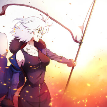 1girl absurdres banner black_dress blush breasts coat collarbone doll-7 dress fate/grand_order fate_(series) floating_hair from_side grin hair_between_eyes highres holding_banner jeanne_d&#039;arc_alter_(avenger)_(fate) jeanne_d&#039;arc_alter_(fate) jeanne_d&#039;arc_alter_(ver._shinjuku_1999)_(fate) jewelry long_sleeves medium_breasts medium_hair official_alternate_costume open_clothes open_coat pendant purple_coat sleeveless sleeveless_dress smile solo spanish_commentary standing white_hair yellow_eyes