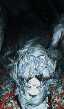 1girl aotsuki_eito chinese_commentary commentary_request dress flower genderswap genderswap_(mtf) glasses grey_eyes grey_hair headdress highres long_hair looking_at_viewer lying on_back red_flower solo the_hundred_line_-last_defense_academy- upside-down variant_set white_dress white_headdress xiaoxiongruantangz