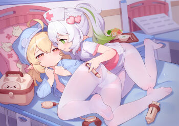 2girls ahoge alternate_costume animal_print ass back-print_panties bear_panties bear_print bed blonde_hair blue_headwear blue_shirt blush kodomo_doushi closed_mouth commentary_request cross cross-shaped_pupils dot_mouth female_focus flat_chest full_body genshin_impact gradient_hair green_eyes green_hair hair_between_eyes hair_ornament hat heart heart_hair_ornament highres indoors klee_(genshin_impact) loli long_sleeves lying multicolored_hair multiple_girls nahida_(genshin_impact) no_pants no_shoes nurse_cap on_bed on_side panties panties_under_pantyhose pantyhose parted_lips pillow physical_examination pointy_ears print_panties red_cross red_eyes shirt short_sleeves side_ponytail soles streaked_hair symbol-shaped_pupils thighband_pantyhose tsubasa_tsubasa twintails two-tone_hair underwear white_hair white_panties white_pantyhose white_shirt yuri