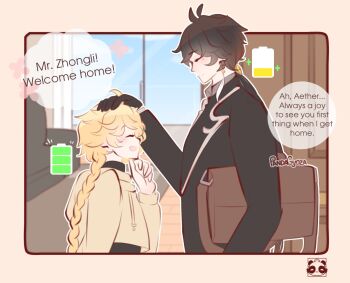 2boys aether_(genshin_impact) artist_name battery_indicator blonde_hair blush brown_hair couch couple earrings english_text genshin_impact height_difference highres hood hoodie jewelry long_hair multiple_boys pandagyoza petting smile window yaoi zhongli_(genshin_impact)