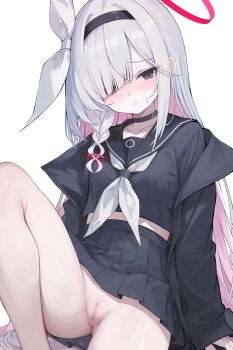 1girl :| absurdres artist_name bare_legs black_choker black_coat black_eyes black_hairband black_sailor_collar black_serafuku black_shirt black_skirt blue_archive blush braid breasts choker cleft_of_venus closed_mouth coat collarbone colored_inner_hair dot_nose eyelashes glut gluteal_fold hair_between_eyes hair_over_one_eye hair_ribbon hairband halo highres knee_up legs loli long_eyelashes long_hair long_sleeves looking_at_viewer multicolored_hair neckerchief no_panties open_clothes open_coat pale_skin pink_hair plana_(blue_archive) pleated_skirt pussy red_halo red_pupils ribbon sailor_collar school_uniform serafuku shirt sidelocks simple_background single_braid sitting skirt sleeves_past_wrists small_breasts solo split_mouth sweatdrop tateishi_kureha thighs two-tone_hair uncensored very_long_hair white_background white_hair white_neckerchief white_ribbon