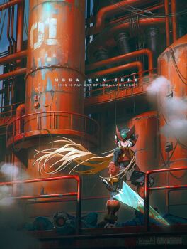 Rule 34 | 1boy, armor, battle damage, black eyes, blonde hair, copyright name, energy sword, full body, helmet, highres, holding, holding sword, holding weapon, long hair, male focus, mega man (series), mega man zero (series), missing commentary, noah (rokoroko), red armor, red helmet, solo, sword, weapon, z saber, zero(z) (mega man), zero (mega man)