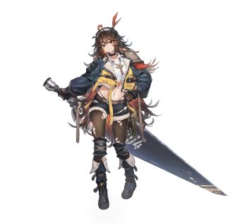 Rule 34 | 1girl, absurdres, ahoge, armor, belt, black choker, black panties, black pantyhose, boots, brown eyes, brown gloves, brown hair, brown pantyhose, choker, collarbone, commentary, crop top, cropped jacket, cropped shirt, di le to, english commentary, fur-trimmed shorts, fur trim, gloves, goggles, goggles on head, highleg, highleg panties, highres, holding, holding sword, holding weapon, huge weapon, knee armor, long hair, looking at viewer, midriff, navel, one side up, original, panties, panty straps, pantyhose, revision, shirt, short shorts, shorts, shoulder armor, skindentation, standing, stomach, sword, torn clothes, torn pantyhose, underwear, very long hair, weapon, white shirt