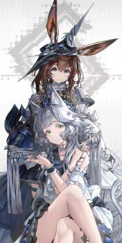 2girls absurdres amiya_(arknights) amiya_(guard)_(arknights) amiya_(guard)_(in_a_myriad_of_universes)_(arknights) animal_ears arknights blue_eyes brown_hair cat_ears cat_girl cat_tail closed_mouth commentary crossed_legs dated_commentary dress duplicate green_eyes highres infection_monitor_(arknights) long_hair looking_at_viewer multiple_girls nopetroto parted_lips rabbit_ears rabbit_girl rosmontis_(an_airy_dream)_(arknights) rosmontis_(arknights) sitting smile tail thick_eyelashes white_dress white_hair