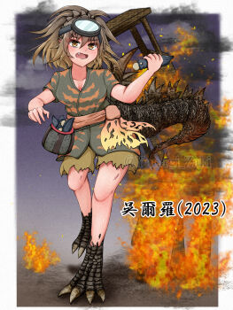 Rule 34 | 1girl, 2023, absurdres, animal feet, artist name, bag, breasts, brown hair, character name, cleavage, cloud, cosplay, destruction, dinosaur, dinosaur feet, dinosaur girl, dinosaur tail, diving mask, diving mask on head, embers, fang, fire, fish, genderswap, genderswap (mtf), giant, giantess, godzilla, godzilla (cosplay), godzilla (series), godzilla minus one, goggles, goggles on head, grey hair, highres, japanese clothes, japanese text, kaiju, kimono, looking at viewer, monster, monster girl, multicolored hair, night, open mouth, personification, purple sky, scar, scar on leg, scar on thighs, sky, smoke, spikes, tail, toho, tongue, torn clothes, torn kimono, two-tone hair, watchtower, yanagi zaki