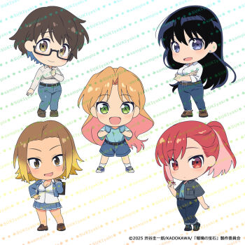 Rule 34 | 5girls, arato nagi, bag, belt, black eyes, black hair, blonde hair, blue jacket, blue shirt, blue skirt, blush, breasts, brown eyes, brown hair, chibi, full body, glass, gloves, green eyes, holding, image sample, imari youko, jacket, kasamaru aoi, large breasts, long hair, looking at viewer, medium breasts, multiple girls, official art, open mouth, pants, red eyes, red hair, ruri no houseki, school bag, school uniform, seto shouko, shirt, shoes, short hair, shorts, skirt, sleeveless, smile, socks, standing, sukiyaki (sukiyaki-jp), tanigawa ruri, white shirt