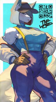 1girl absurdres animal_ear_fluff animal_ears black_hat blue_background blue_eyes blue_hair blue_pants blush body_fur border breasts brown_gloves furry furry_female gloves hair_over_one_eye hands_on_own_hips hat high-waist_pants highres jacket large_breasts muscular muscular_female original outside_border pants parted_lips qr_code signature sleeveless sleeveless_turtleneck solo suspenders sweat sweatdrop tail thighs tomochiso turtleneck white_border white_jacket wolf_ears wolf_girl wolf_tail