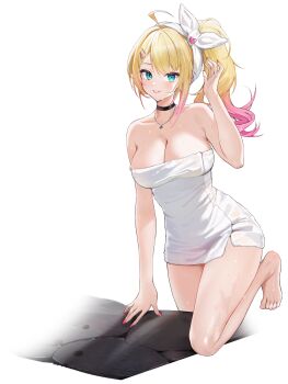 1girl ahoge arm_up black_choker blonde_hair breasts brooch choker cleavage collarbone feet game_cg gradient_hair green_eyes hair_ornament hairclip heart heart_brooch highres jewelry knee_up large_breasts long_hair looking_at_viewer multicolored_hair naked_towel necklace non-web_source official_alternate_costume parallel_hairclips pink_hair pink_nails poker_fate rock saotome_kokoro saotome_kokoro_(brighter_than_snow) side_ponytail smile solo towel transparent_background wet