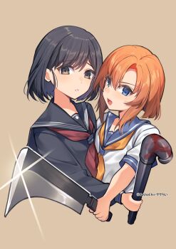 2girls artist_name black_hair black_serafuku blood blue_eyes creator_connection highres higurashi_no_naku_koro_ni holding holding_lead_pipe holding_weapon lead_pipe looking_at_viewer multiple_girls nata_(tool) neckerchief orange_hair parted_lips red_neckerchief ryuuguu_rena sasha_chii school_uniform serafuku shimizu_hinako silent_hill_(series) silent_hill_f simple_background weapon white_serafuku