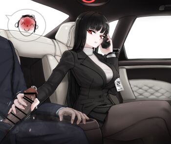 1boy 1girl absurdres doodle_sensei_(blue_archive) bar_censor black_hair black_jacket black_pantyhose black_skirt blue_archive blunt_bangs breasts car_interior cellphone censored crossed_legs erection formal_clothes handjob hetero highres holding holding_phone jacket large_breasts long_hair long_sleeves looking_at_penis mildt miniskirt motion_lines office_lady pantyhose parted_lips penis penis_out phone pleated_skirt precum red_eyes rio_(blue_archive) sensei_(blue_archive) sitting skirt smartphone solo_focus steaming_body suit sweater very_long_hair white_sweater