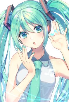1girl aqua_eyes aqua_hair aqua_nails aqua_necktie breasts collarbone collared_shirt commentary_request grey_shirt hair_between_eyes hair_ornament hatsune_miku headset highres kirushi_(killcy) long_hair looking_at_viewer miku_day musical_note necktie open_mouth shirt sleeveless sleeveless_shirt small_breasts solo twintails upper_body very_long_hair vocaloid