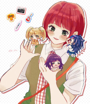 4girls apron black_hair black_skirt blue_hair blue_streaks blunt_bangs blush bow camera chibi chibi_inset chibi_on_shoulder closed_eyes closed_mouth collared_shirt commentary_request danganronpa_(series) danganronpa_2:_goodbye_despair drop_shadow ear_piercing electric_guitar eyelashes green_bow green_eyes guitar hair_bow hair_horns highres holding_chibi instrument japanese_clothes ki_27ro kimono koizumi_mahiru long_hair mioda_ibuki multicolored_hair multiple_girls necktie open_mouth orange_kimono outline piercing pink_eyes pink_hair pink_shirt pink_streaks plaid_clothes plaid_necktie polka_dot polka_dot_background purple_hair red_hair saionji_hiyoko shirt short_hair short_sleeves skirt sleeves_past_fingers sleeves_past_wrists smile streaked_hair syringe tsumiki_mikan twintails twitter_username unworn_kimono upper_body very_short_hair white_apron white_hair white_outline white_shirt yellow_eyes