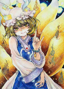 1girl animal_ear_headwear animal_hat blonde_hair blue_tabard collar commentary dress fake_animal_ears fingernails fox_girl fox_shadow_puppet fox_tail frilled_collar frilled_hat frills hand_up hat highres kitsune kyuubi long_sleeves looking_at_viewer marker_(medium) mob_cap multiple_tails papapapappa123 rosary shaded_face short_hair smile solo tabard tail touhou traditional_media white_dress white_hat will-o&#039;-the-wisp_(mythology) yakumo_ran yellow_eyes