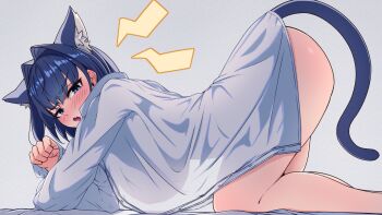 1girl all_fours animal_ear_fluff animal_ears blue_eyes blue_hair blush breasts cat_ears cat_girl cat_tail collared_shirt commentary dress_shirt english_commentary from_side grey_background hair_intakes highres hololive hololive_english huge_breasts kaiju_ryoku long_sleeves looking_at_viewer naked_shirt open_mouth ouro_kronii see-through_silhouette shirt short_hair simple_background solo tail virtual_youtuber white_shirt