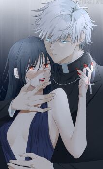 1boy 1girl black_dress black_hair blood blood_from_mouth blue_eyes breasts burn_scar burning cleavage commentary cross cross_necklace dress facial_scar fangs fingernails gojou_satoru grin height_difference highres holding holding_jewelry holding_necklace iori_utahime jewelry jujutsu_kaisen male_focus medium_breasts necklace parted_lips phlower_luna plunging_neckline priest red_eyes red_nails scar scar_on_cheek scar_on_face scar_on_nose sharp_fingernails smile smoke vampire watermark white_hair