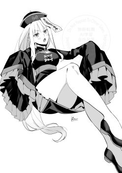 1girl alternate_costume artist_name bare_legs blush breasts chinese_clothes chinese_text cleavage_cutout clothing_cutout dress emilia_(re:zero) flats greyscale hat highres jiangshi jiangshi_costume legs long_hair long_sleeves monochrome ofuda open_mouth qingdai_guanmao re:zero_kara_hajimeru_isekai_seikatsu signature simple_background skrmy_rs sleeves_past_fingers sleeves_past_wrists solo white_background