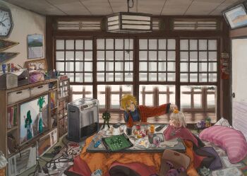 1boy 1girl absurdly_detailed_composition absurdres action_figure alternate_costume analog_clock architecture blonde_hair blue_shirt brown_hair calendar_(object) clock colored_inner_hair controller daikagami_(kagami_hayato) east_asian_architecture elbow_rest food food_on_head fruit fruit_on_head game_controller green_eyes hanabatake_chaika hanabatake_chaika_(5th_costume) hashtag-only_commentary highres indoors kotatsu koze_niire long_sleeves looking_at_another makaino_ririmu mandarin_orange multicolored_hair nijisanji object_on_head pillow pink_hair pink_shirt pointy_ears shirt short_hair stuffed_animal stuffed_rabbit stuffed_toy table television two-tone_hair uzuki_kou virtual_youtuber