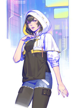 Rule 34 | 1girl, black pantyhose, blue shorts, brown hair, commentary, cropped jacket, final fantasy, final fantasy xiv, fingernails, green eyes, highres, hood, hood up, hooded jacket, jacket, lips, long hair, looking at viewer, mella, pantyhose, parted lips, pink lips, shorts, solo, sphene (ff14)