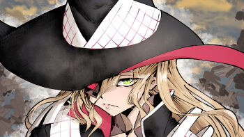 1girl black_cape black_hat blonde_hair cape closed_mouth commentary eyepatch glaring green_eyes hat highres long_hair looking_at_viewer othinus outdoors solo toaru_majutsu_no_index toaru_majutsu_no_index:_new_testament trebas upper_body witch_hat