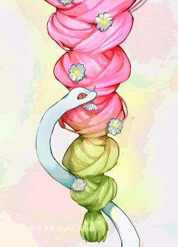 asaki_illust braid daisy_(flower) flower green_hair hair_flower hair_ornament highres kaburamaru kanroji_mitsuri kimetsu_no_yaiba multicolored_hair pink_hair snake twitter_username two-tone_hair white_snake