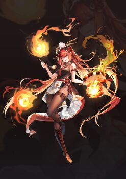 1girl absurdres arm_strap black_background black_boots black_dress black_eyes black_pantyhose boots breasts commentary dragon_horns dragon_tail dress fire frying_pan full_body hair_ornament ham99luv highres holding holding_ladle horns knee_boots lace-up_boots ladle large_breasts long_hair microdress original pantyhose pouch red_hair sleeveless sleeveless_dress solo symbol-only_commentary tail thigh_pouch very_long_hair zoom_layer