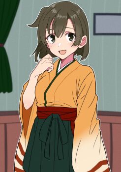 1girl blush breasts brown_eyes brown_hair curtains green_hakama hakama hakama_short_skirt hakama_skirt highres hiryuu_(kancolle) indoors japanese_clothes kantai_collection kimono long_sleeves nanafumi_(nanafumino) office one_side_up open_mouth orange_kimono short_hair side_ponytail skirt smile wide_sleeves yellow_kimono