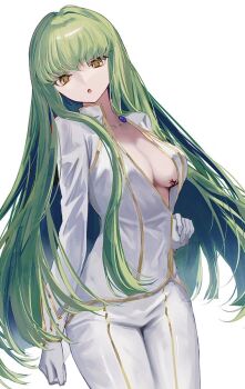 1girl :o breasts c.c. code_geass cowboy_shot gloves green_hair long_hair long_sleeves looking_at_viewer medium_breasts open_clothes open_mouth open_shirt pants scar scar_on_breasts shirt sho_(sho_oe4) simple_background solo very_long_hair white_background white_gloves white_pants white_shirt yellow_eyes