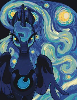 blue_eyes blue_skin blue_wings colored_skin feathered_wings highres horse janegumball looking_at_viewer my_little_pony my_little_pony:_friendship_is_magic princess_luna solo starry_night_(van_gogh) toon_(style) vincent_van_gogh_(style) winged_unicorn wings