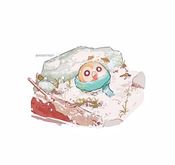 artist_name beak bird blue_scarf branch closed_mouth commentary film_grain from_above gen_7_pokemon grass halftone halftone_background highres hightguy leaf log nintendo no_humans pokemon pokemon_(creature) rowlet scarf simple_background snow snowing solo symbol-only_commentary white_background