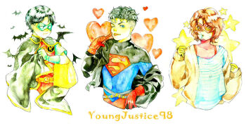3boys bart_allen bat_(animal) belt black_hair blue_eyes bodysuit brown_hair bubble cape copyright_name dc_comics domino_mask earrings eye_mask gloves goggles heart impulse jacket jewelry kon-el male_focus mask multiple_boys one_eye_closed onlyfuge robin_(dc) s_shield star_(symbol) superboy tim_drake wink young_justice