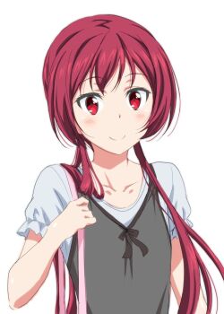 10s 1girl casual collarbone eyebrows female_focus joukamachi_no_dandelion kobayashi_shinpei long_hair red_eyes red_hair sakurada_akane simple_background smile solo twintails white_background