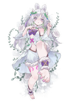 1girl absurdres bare_shoulders barefoot bloomers blush breasts commentary_request detached_sleeves duel_monster flower full_body hair_between_eyes highres kebol leg_tattoo long_hair looking_at_viewer lying medium_breasts midriff monster_girl nail_polish navel on_back parted_lips plant plant_girl purple_eyes simple_background soles solo tattoo toenail_polish toenails traptrix_cularia underwear white_background white_flower white_hair wrist_cuffs yu-gi-oh!