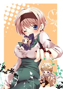 1boy 2girls angry axis_powers_hetalia belarus_(hetalia) blonde_hair blue_eyes blush bow breasts chibi clothes_lift coat dress dress_lift frown hair_bow hairband hanging highres large_breasts long_hair mike_(mikenekotei) mini_person miniboy minigirl mouth_hold multiple_girls one_eye_closed overalls puppet puppet_strings purple_eyes russia_(hetalia) scarf short_hair siblings sweat ukraine_(hetalia) wink
