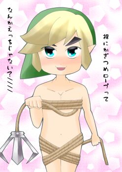 1boy absurdres blonde_hair blush grappling_hook green_eyes green_hat hat highres link looking_at_viewer male_focus nintendo nude open_mouth pointy_ears rope short_hair simple_background smile solo standing the_legend_of_zelda the_legend_of_zelda:_the_wind_waker toon_link translated user_jsjt3223