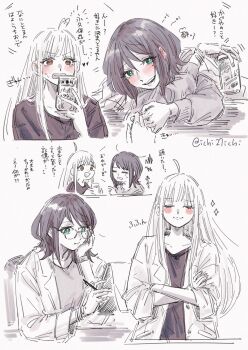 Rule 34 | 2girls, :d, aged up, ahoge, beer can, blush stickers, borrowed clothes, bracelet, can, cho kaguya-hime!, clipboard, collarbone, commentary, drink can, drunk, glasses, green eyes, greyscale, heart, heart ahoge, highres, holding, holding can, holding clipboard, holding hands, holding phone, ichi27ichi, jewelry, kaguya (cho kaguya-hime!), lab coat, long hair, medium hair, mole, mole under eye, monochrome, multiple girls, multiple views, open mouth, orange eyes, phone, sakayori iroha, shirt, smile, sparkle, spot color, t-shirt, translation request, twitter username, very long hair, yuri