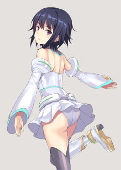 1girl back bare_shoulders black_hair black_thighhighs boots closed_mouth detached_sleeves expressionless female_focus from_behind grey_background grey_panties hair_between_eyes looking_at_viewer looking_back panties pantyshot pleated_skirt purple_eyes rasahan school_girl_strikers short_hair_with_long_locks sidelocks simple_background skirt solo sumihara_satoka thighhighs underwear upskirt white_skirt