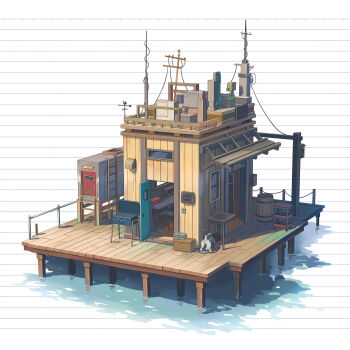 Rule 34 | barrel, chair, commentary, grill, highres, hose, isobe toast, ladder, no humans, open door, original, power lines, radio antenna, scenery, sink, table, water, window, wire fence