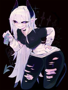 black_sclera choker colored_sclera demon_girl demon_horns demon_tail denim earrings hair_between_eyes heterochromia highres horns jacket jeans jewelry menace_(buff_weeaboo) multicolored_jacket nail_polish original pants pointy_ears purple_eyes sharp_teeth solo tail teeth torn_clothes torn_jeans torn_pants two-tone_jacket usa37107692 white_hair white_sleeves