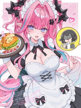 2girls alternate_costume amagami_amane apron arknights arknights:_endfield aroused_nosebleed black_dress black_hair black_horns blood blue_eyes blue_hair border breasts cleavage commentary_request dragon_girl dragon_horns dress endministrator_(arknights) enmaided female_endministrator_(arknights) hair_intakes highres holding holding_plate horns large_breasts long_hair maid maid_apron maid_headdress multicolored_hair multiple_girls nosebleed pink_background pink_hair plate pointy_ears thumbs_up two-tone_hair very_long_hair white_border yuri yvonne_(arknights)
