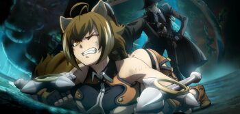 Rule 34 | 1boy, 1girl, ass, blazblue, blazblue: calamity trigger, breasts, brown eyes, brown hair, butt crack, large breasts, makoto nanaya, midriff, official art, squirrel girl, tagme, tail, underboob, weapon