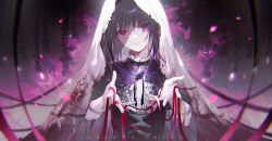 Rule 34 | 1girl, akemi homura, akemi homura (black dress), bai qi-qsr, black hair, black ribbon, blood, blood on clothes, character name, chinese commentary, collared shirt, commentary request, crying, crying with eyes open, dress, floating, funeral dress, highres, homulilly, long hair, mahou shoujo madoka magica, mahou shoujo madoka magica (anime), mixed-language commentary, open hands, pale skin, parted lips, purple eyes, red ribbon, ribbon, shaded face, shirt, short sleeves, solo, tears, veil