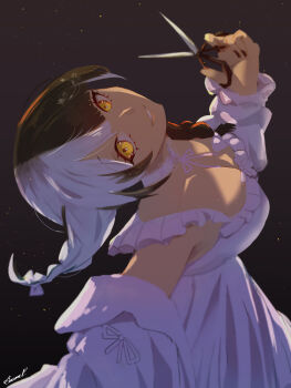 Rule 34 | 1girl, absurdres, black hair, breasts, caramel gallery, cleavage, highres, holding, holding scissors, hololive, hololive english, large breasts, long hair, looking at viewer, multicolored hair, nightgown, official alternate costume, scissors, shiori novella, shiori novella (sleepwear), solo, split-color hair, two-tone hair, virtual youtuber, white hair, white nightgown, yellow eyes